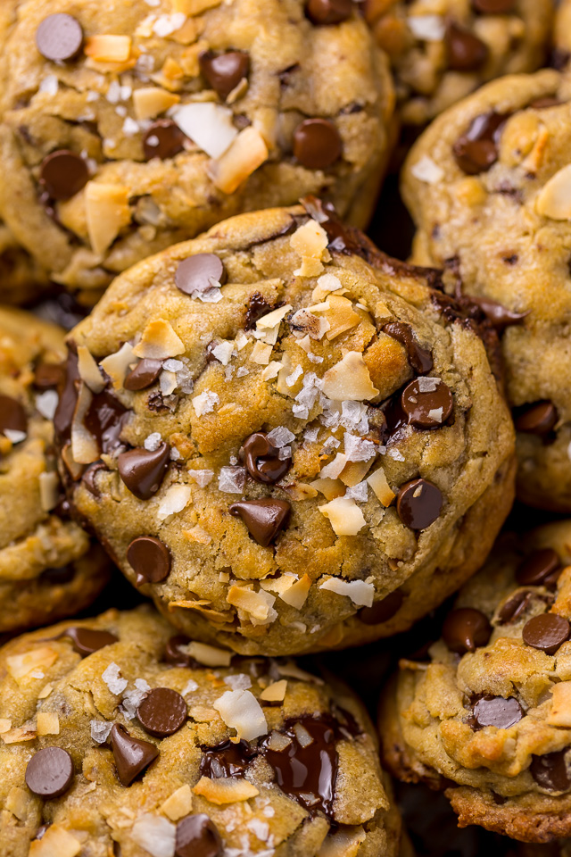 Ultra thick and chewy Brown Butter Coconut Chocolate Chip Cookies! These are so flavorful and freezer friendly!