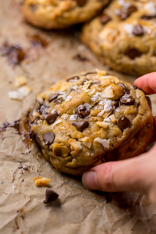 Ultra thick and chewy Brown Butter Coconut Chocolate Chip Cookies! These are so flavorful and freezer friendly!