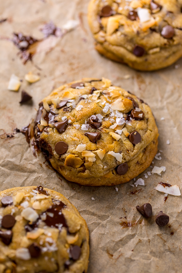 Ultra thick and chewy Brown Butter Coconut Chocolate Chip Cookies! These are so flavorful and freezer friendly!