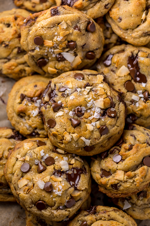 Ultra thick and chewy Brown Butter Coconut Chocolate Chip Cookies! These are so flavorful and freezer friendly!