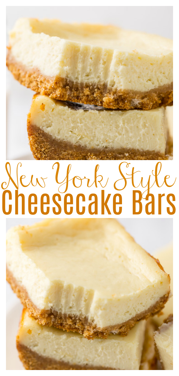 These New York-Style Cheesecake Bars are thick, creamy, and so easy. Perfect for almost any occasion, these easy baked cheesecake bars are always a crowd-pleaser! Freezer friendly!