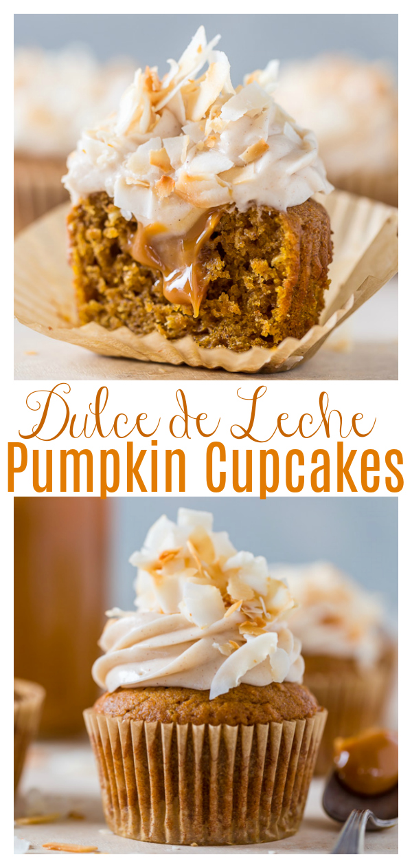 Moist and fluffy Pumpkin Coconut Cupcakes are stuffed with decadent Dulce de Leche and covered in Cinnamon Cream Cheese frosting! So delicious!