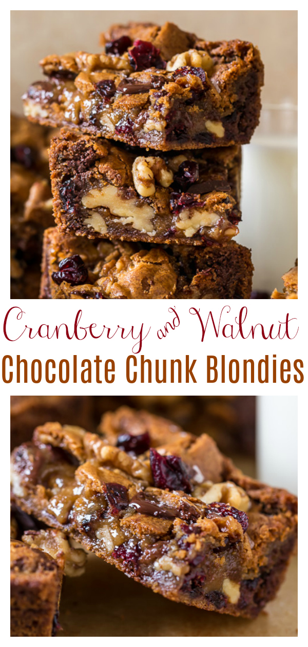 Chocolate Cranberry Walnut Blondies are crunchy, chewy, gooey and so delicious! A super easy blondie recipe that's made in one bowl and so perfect for the holiday celebrations.