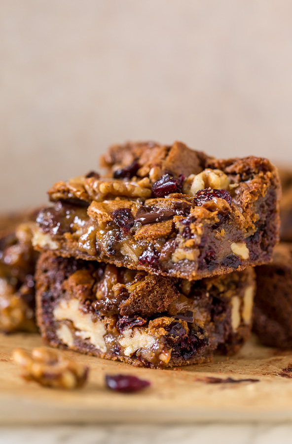 Chocolate Cranberry Walnut Blondies are crunchy, chewy, gooey and so delicious! A super easy blondie recipe that's made in one bowl and so perfect for the holiday celebrations.