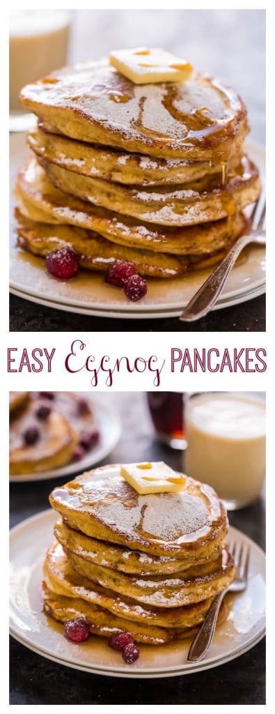 Fluffy and flavorful eggnog pancakes! These are so easy and perfect for Christmas morning!