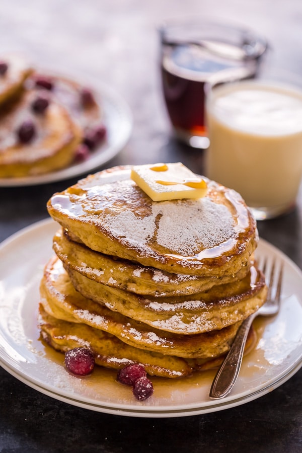 Fluffy and flavorful eggnog pancakes! These are so easy and perfect for Christmas morning!