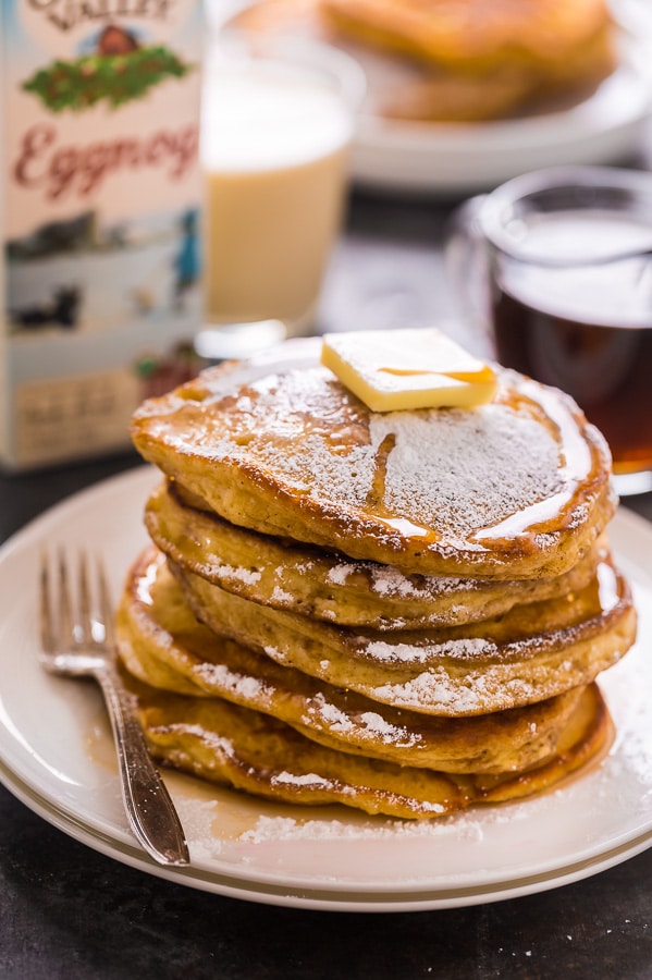 Fluffy and flavorful eggnog pancakes! These are so easy and perfect for Christmas morning!