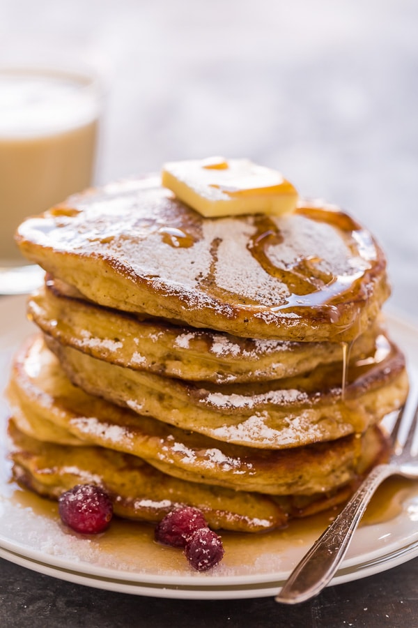 Fluffy and flavorful eggnog pancakes! These are so easy and perfect for Christmas morning!