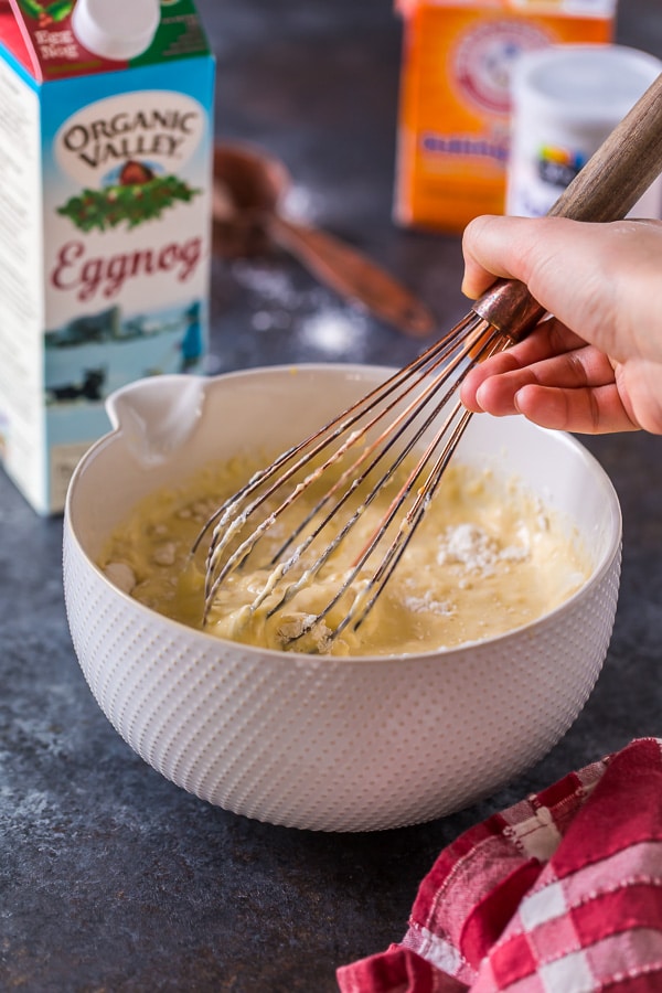 Fluffy and flavorful eggnog pancakes! These are so easy and perfect for Christmas morning!