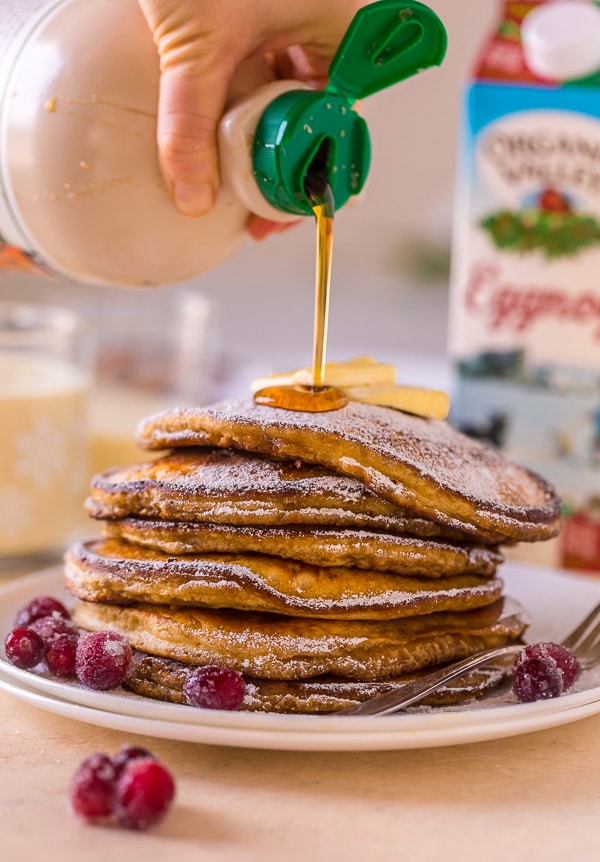 Fluffy and flavorful eggnog pancakes! These are so easy and perfect for Christmas morning!