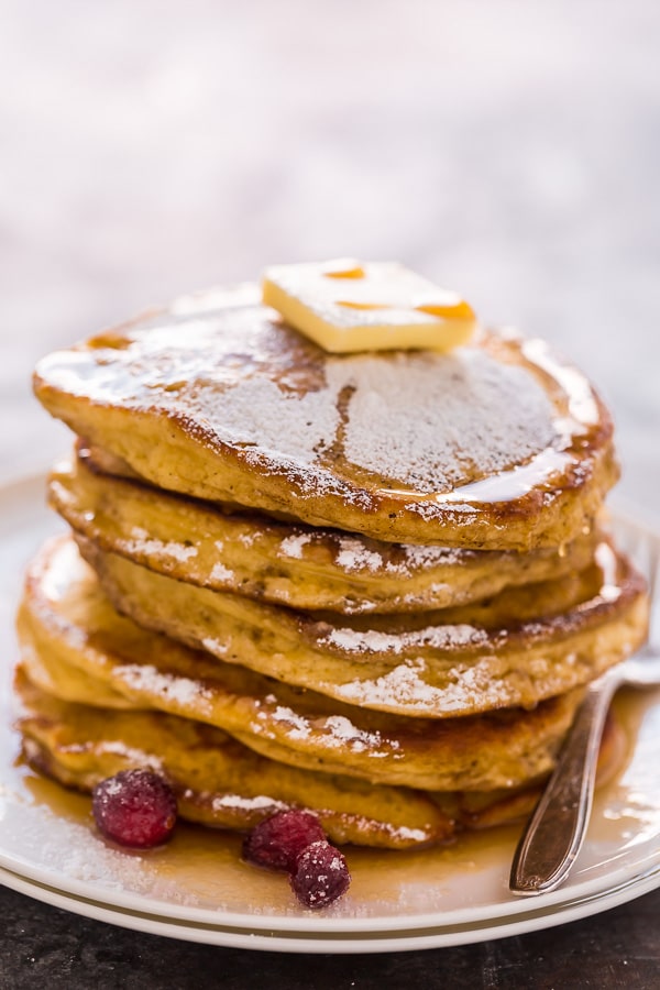 Fluffy and flavorful eggnog pancakes! These are so easy and perfect for Christmas morning!