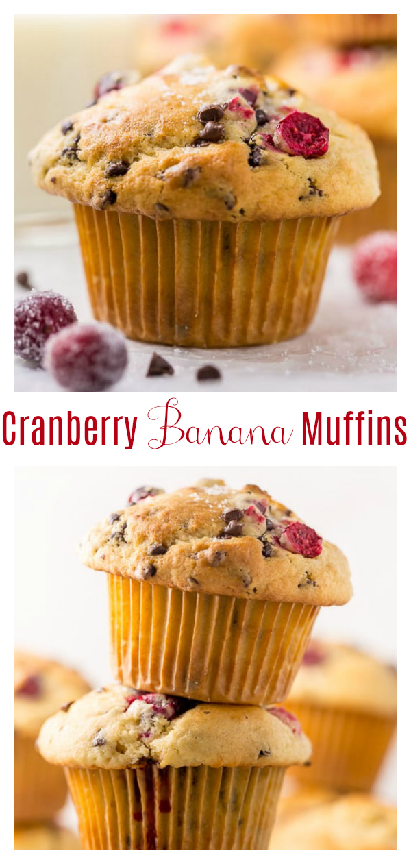 These soft and fluffy Cranberry Banana Muffins are so easy and perfect for breakfast! Full of real banana flavor, fresh cranberries, and a handful of chocolate chips, they're simply irresistible!