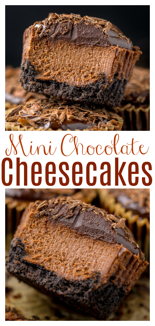 These rich and creamy Mini Chocolate Cheesecakes are made in a muffin pan! So easy and perfect for serving a crowd. Make up to two months in advance and store in the freezer! 