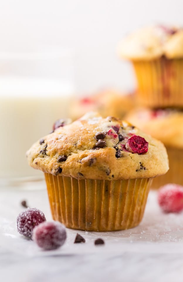 These soft and fluffy Cranberry Banana Muffins are so easy and perfect for breakfast! Full of real banana flavor, fresh cranberries, and a handful of chocolate chips, they're simply irresistible! #cranberry #banana #muffins #breakfast #Christmas #bananamuffins #chocolatechips