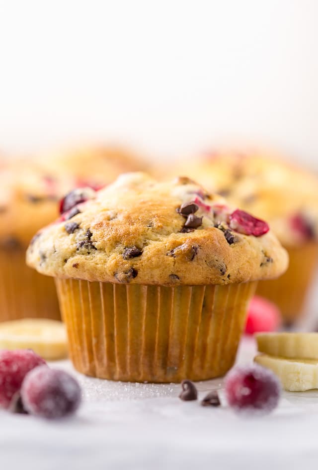 These soft and fluffy Cranberry Banana Muffins are so easy and perfect for breakfast! Full of real banana flavor, fresh cranberries, and a handful of chocolate chips, they're simply irresistible! #cranberry #banana #muffins #breakfast #Christmas #bananamuffins #chocolatechips