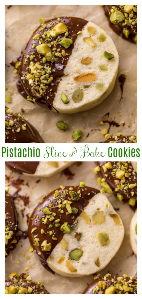 Dark Chocolate Pistachio Slice & Bake Cookies are so easy and made with just 6 ingredients! These buttery shortbread cookies are loaded with pistachios and then dunked in dark chocolate. So good with a cup of coffee or tea! 