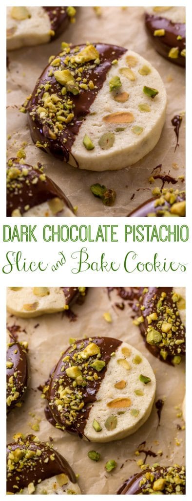 Dark Chocolate Pistachio Slice & Bake Cookies are so easy and made with just 6 ingredients! These buttery shortbread cookies are loaded with pistachios and then dunked in dark chocolate. So good with a cup of coffee or tea! 