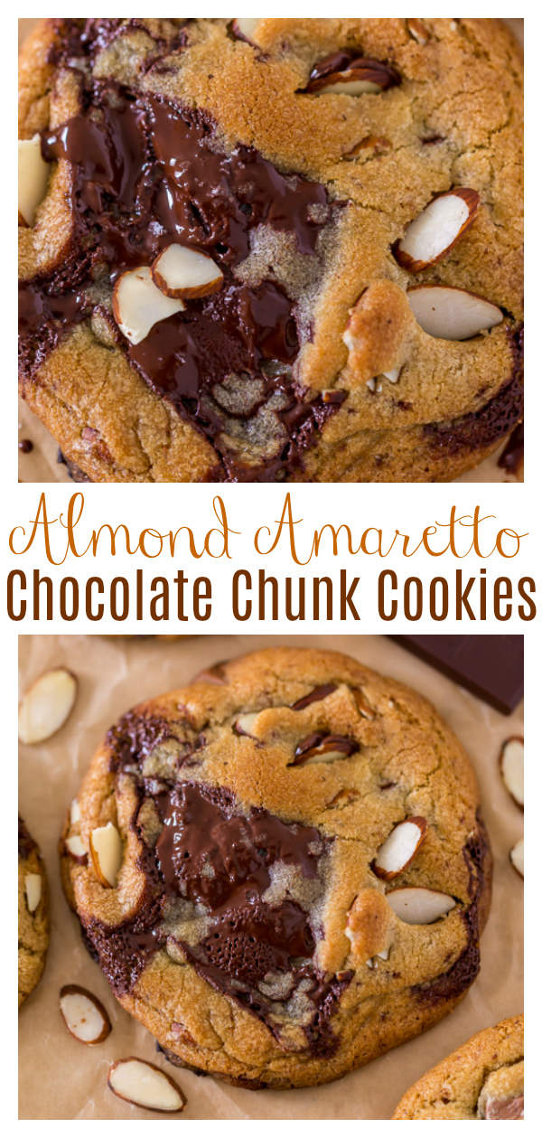 Thick and chewy Almond Amaretto Chocolate Chunk Cookies! These are so flavorful and one of the BEST cookie recipes we've ever made. If you love almonds and chocolate, you have to try them!