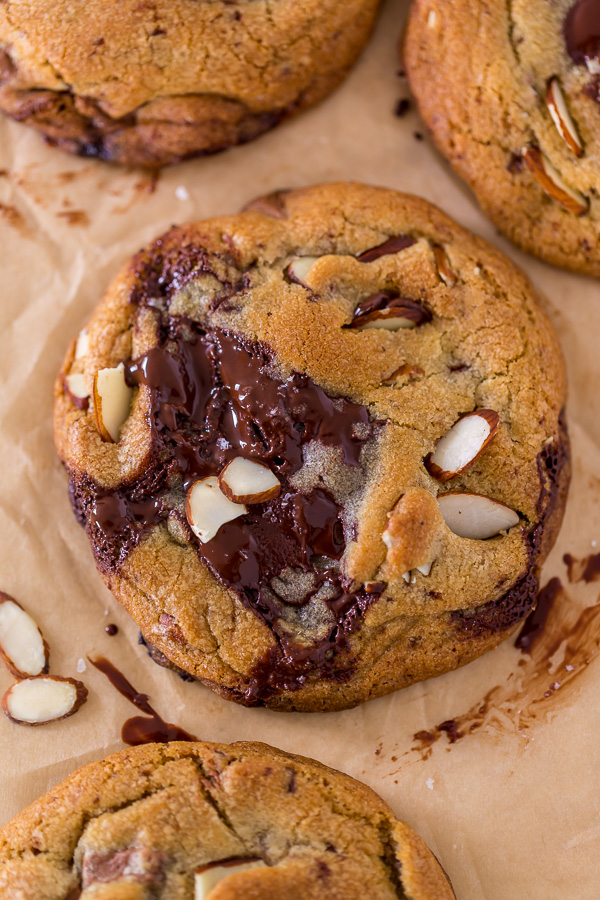 Thick and chewy Almond Amaretto Chocolate Chunk Cookies! These are so flavorful and one of the BEST cookie recipes we've ever made. If you love almonds and chocolate, you have to try them!