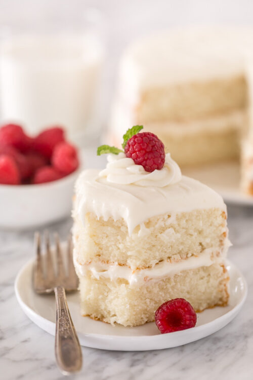This is the BEST white cake recipe you'll ever bake! Each slice is moist, fluffy, and so delicious. This tender snow-white cake is made completely from scratch and with simple ingredients!