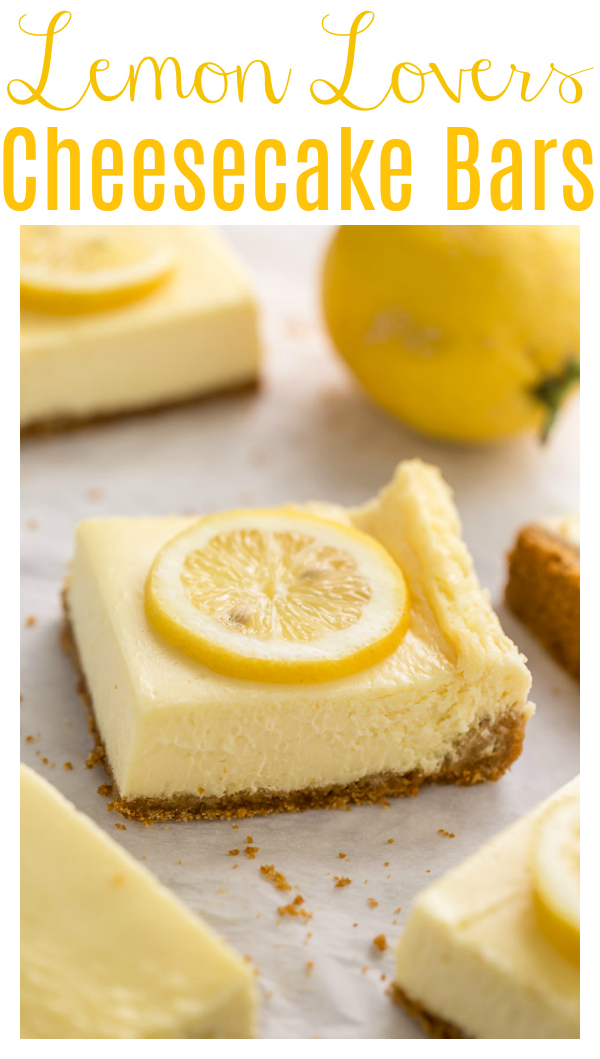 Easy Lemon Cheesecake Bars are perfect for almost any occasion! Made with fresh lemon juice, lemon zest, cream cheese, and sour cream, they're tangy, sweet, and so delicious. If you love lemon and cheesecake, you have to try this recipe!