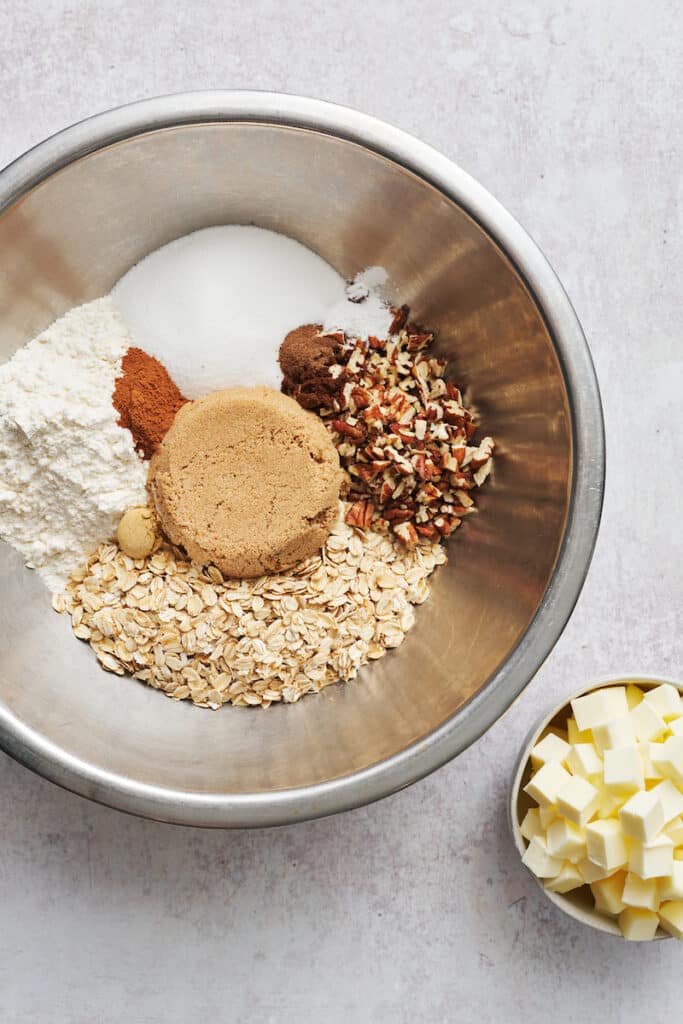 Ingredients for crumbly topping in mixing bowl. 