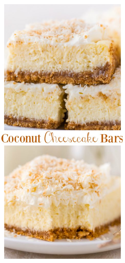 These Coconut Cheesecake Bars are creamy, sweet, and loaded with real coconut in every bite! Baked in cake pan and no water bath required, this recipe is easy and delicious! This family friendly recipe is always a crowd pleaser.