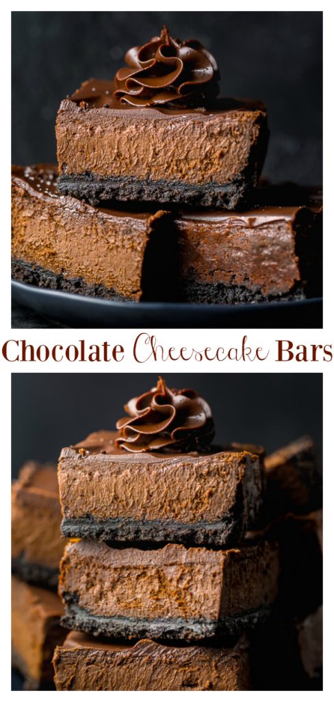 These easy chocolate cheesecake bars feature an oreo cookie crust, creamy chocolate cheesecake filling, and chocolate ganache! So decadent and a chocolate lovers dream come true! Preheat your oven and get ready for this to become one of your favorite dessert recipes!