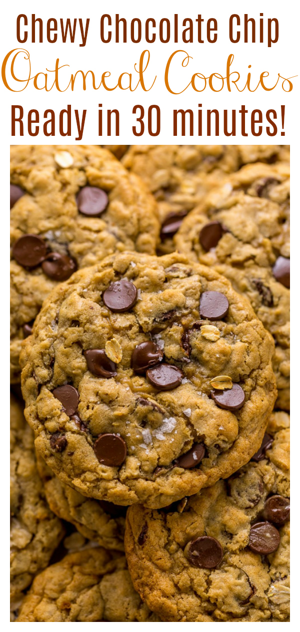 These Thick and Chewy Oatmeal Chocolate Chip Cookies are packed with tons of oats and gooey chocolate chips. This delicious oatmeal cookie recipe is so easy to make, loaded with chocolate chips,  and requires no dough chilling! So good with a glass of milk!