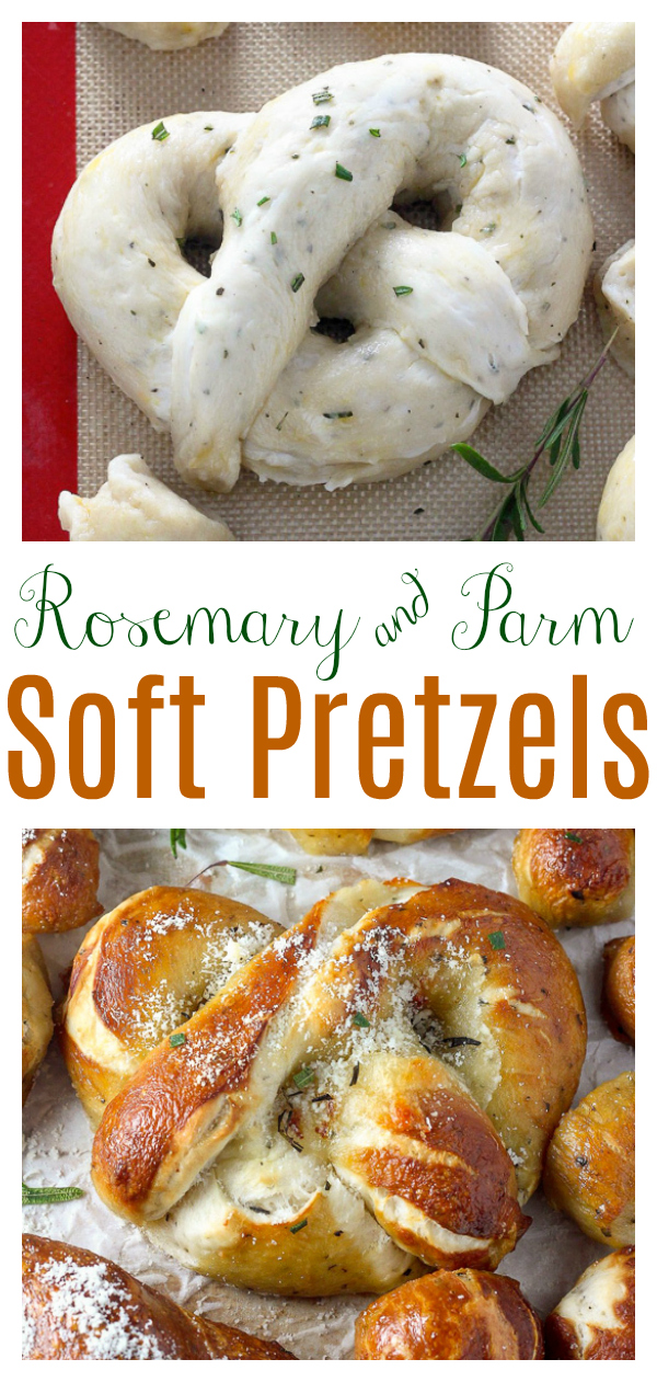 Mozzarella Stuffed Rosemary and Parmesan Soft Pretzels! Made with a simple soft pretzel dough and loaded with fresh herbs and Italian cheese. You're going to love these soft pretzels with cheese inside!