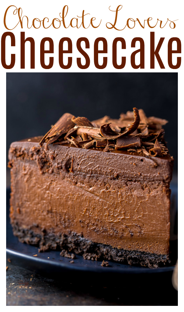 This Ultimate Chocolate Cheesecake features a chocolate cookie crust, creamy chocolate cheesecake filling, chocolate ganache, and shaved chocolate! Made with basic ingredients you probably have in your kitchen right now. Simply put, this is the best chocolate cheesecake recipe you'll ever try!