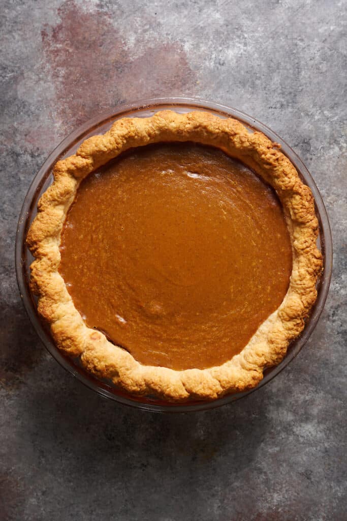 Pumpkin pie with a homemade pie shell and pumpkin pie filling. 