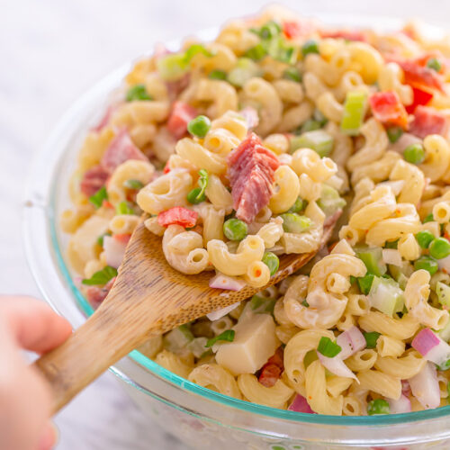 This Easy Italian Macaroni Salad Recipe features elbow noodles, bell peppers, celery, onion, sharp provolone, and salami! And the dressing is so creamy and flavorful! This is the perfect macaroni salad for parties, picnics, and backyard bbqs.