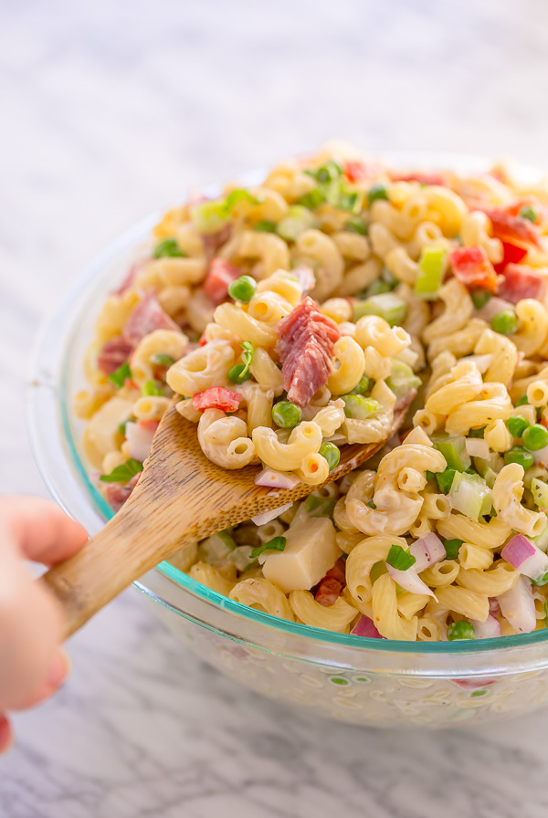 This Easy Italian Macaroni Salad Recipe features elbow noodles, bell peppers, celery, onion, sharp provolone, and salami! And the dressing is so creamy and flavorful! This is the perfect macaroni salad for parties, picnics, and backyard bbqs.
