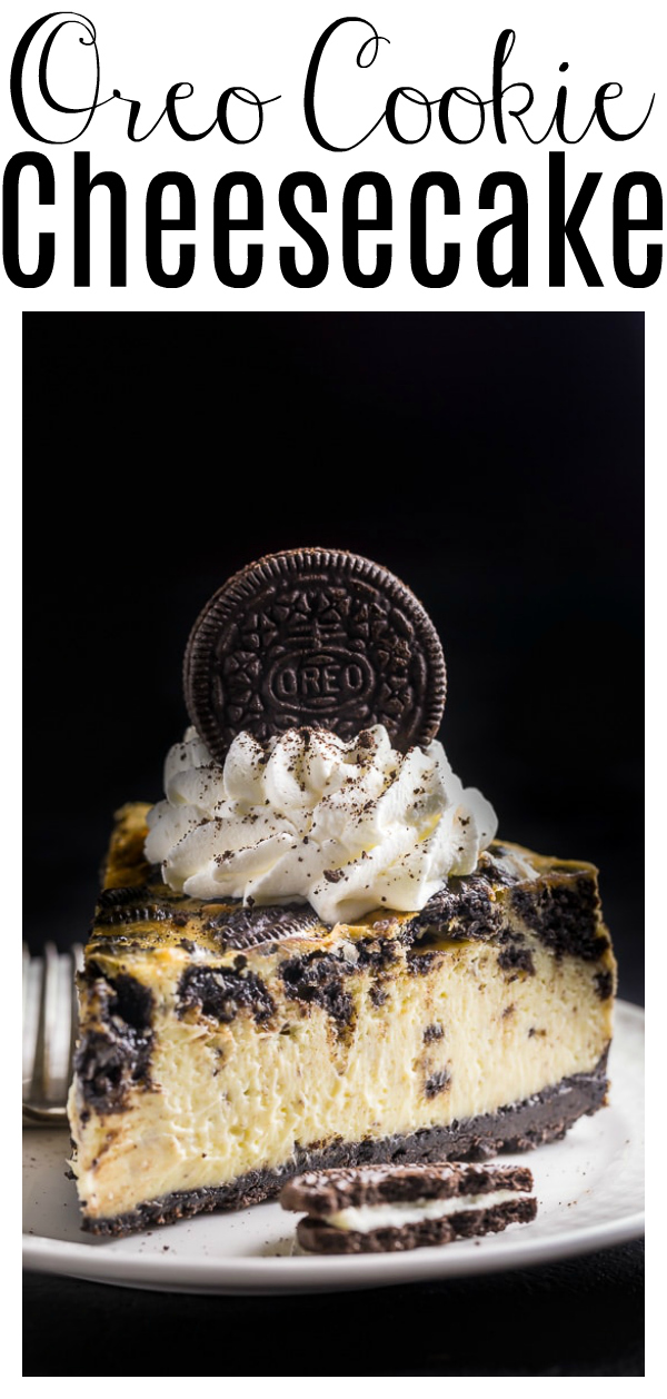 This New York-Style Oreo Cheesecake is thick, creamy and loaded with Oreo cookies! Serves a crowd and is a big hit with kids and adults! Freeze any leftovers for up to two months!