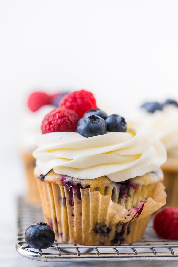 These Red, White and Blueberry Cupcakes are light, fluffy, and so festive! Perfect for patriotic holidays like Memorial Day, the Fourth of July and Labor Day!