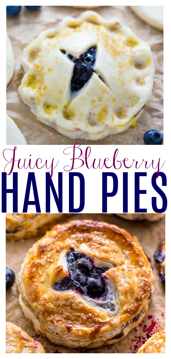 These Blueberry Hand Pies bake up golden brown and oozing with juicy blueberry filling! Perfect for serving a crowd. And so much easier than traditional blueberry pie!