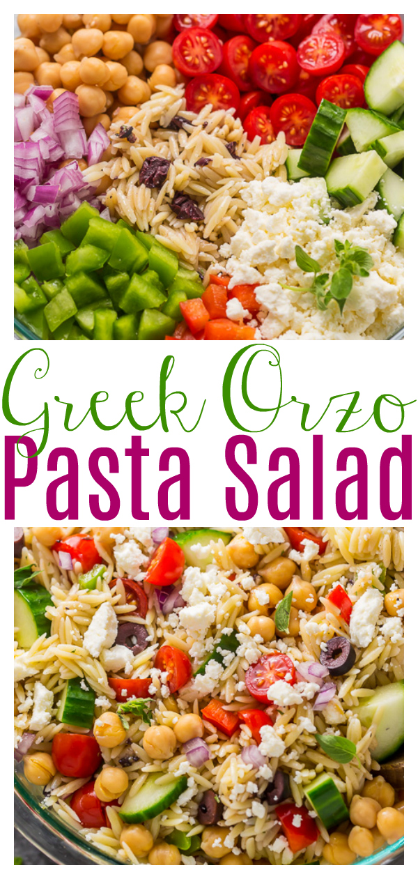 Greek Orzo Salad is healthy, delicious, and packed with fresh veggies! This pasta salad is the perfect side dish for Summer parties, picnics, and potlucks. To make it a full meal, add chicken, shrimp, or salmon!