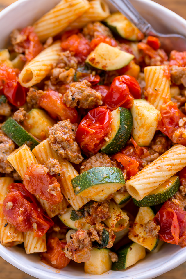 Rigatoni with Sausage, Tomatoes, and Zucchini - Baker by Nature
