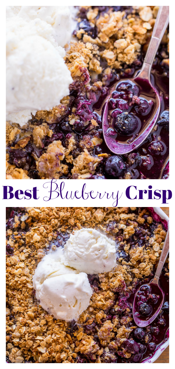 The Best Blueberry Crisp Recipe is super easy and so good with a scoop of ice cream on top! Tastes like blueberry pie but is way easier. It's the perfect Summer dessert!