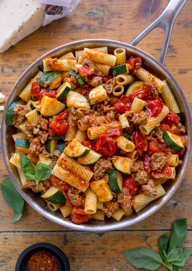 Rigatoni with Sausage, Tomatoes, and Zucchini - Baker by Nature