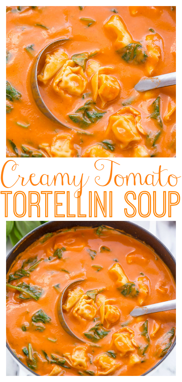 This Creamy Tomato Tortellini Soup is so easy and always a crowd-pleaser! Perfect for those chilly nights when you need a little comfort food in your life! Top with plenty of Parmesan cheese and serve with crusty Italian bread (and maybe a glass of red wine...) for an extra tasty meal!