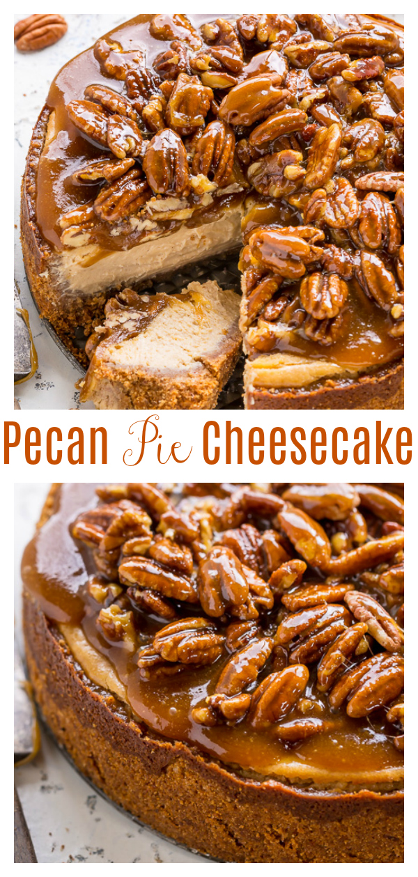 If you love pecan pie, you HAVE to try Pecan Pie Cheesecake! Featuring a crunchy pecan crust, creamy brown sugar cheesecake filling, and gooey pecan pie topping, this is the ultimate holiday dessert! This crowd-pleasing dessert will leave your friends and family hailing you a baking genius!