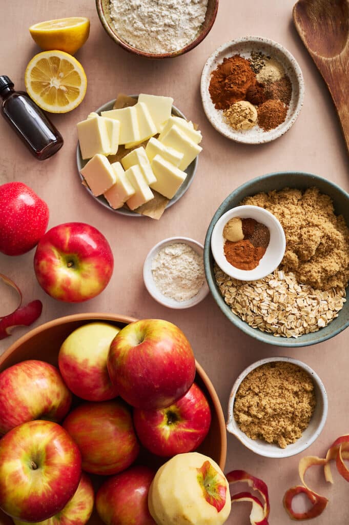 Ingredients for apple crisp on a table.