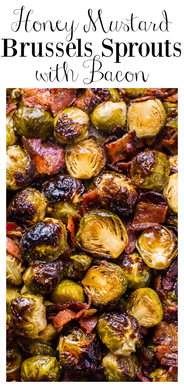 No one will complain about eating their veggies when you're serving these Crispy Honey Mustard Brussels Sprouts with Bacon! These roasted sprouts are coated in homemade honey mustard sauce and then tossed with crispy bacon. One of my go-to side dishes for Thanksgiving!