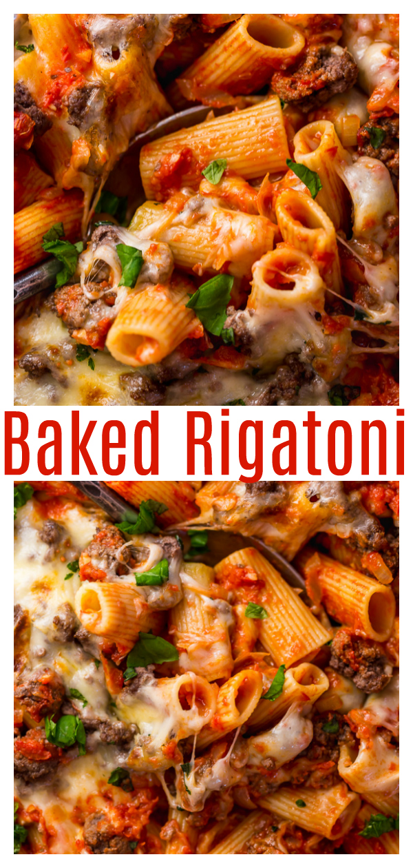 Care to join me as we dive into this CHEESY Baked Rigatoni with Beef?! It's SO easy and loaded with flavor! And it's the perfect recipe to whip up when you're having company, because it seriously serves a crowd!!!