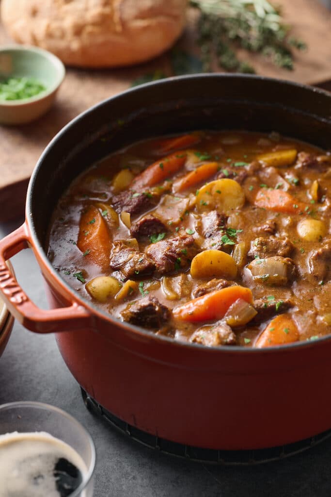 Dutch oven with Guinness beef stew inside.