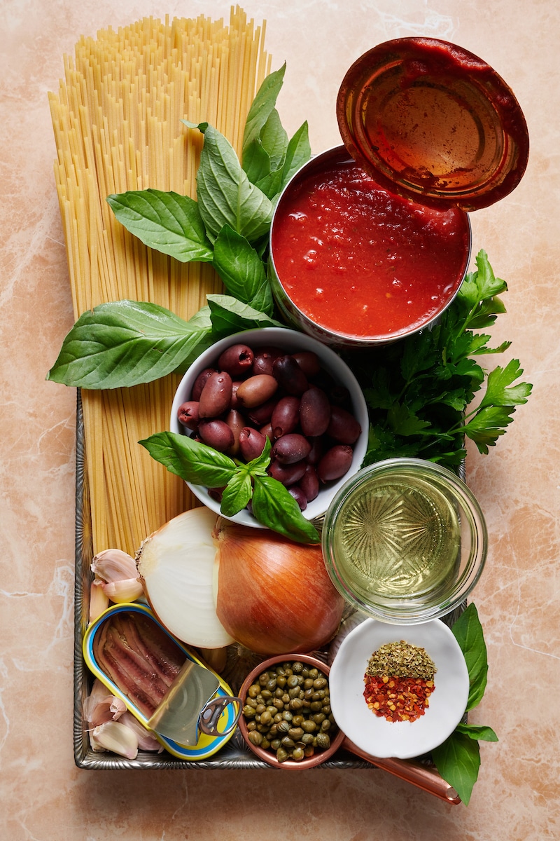 Ingredients for pasta puttanesca 