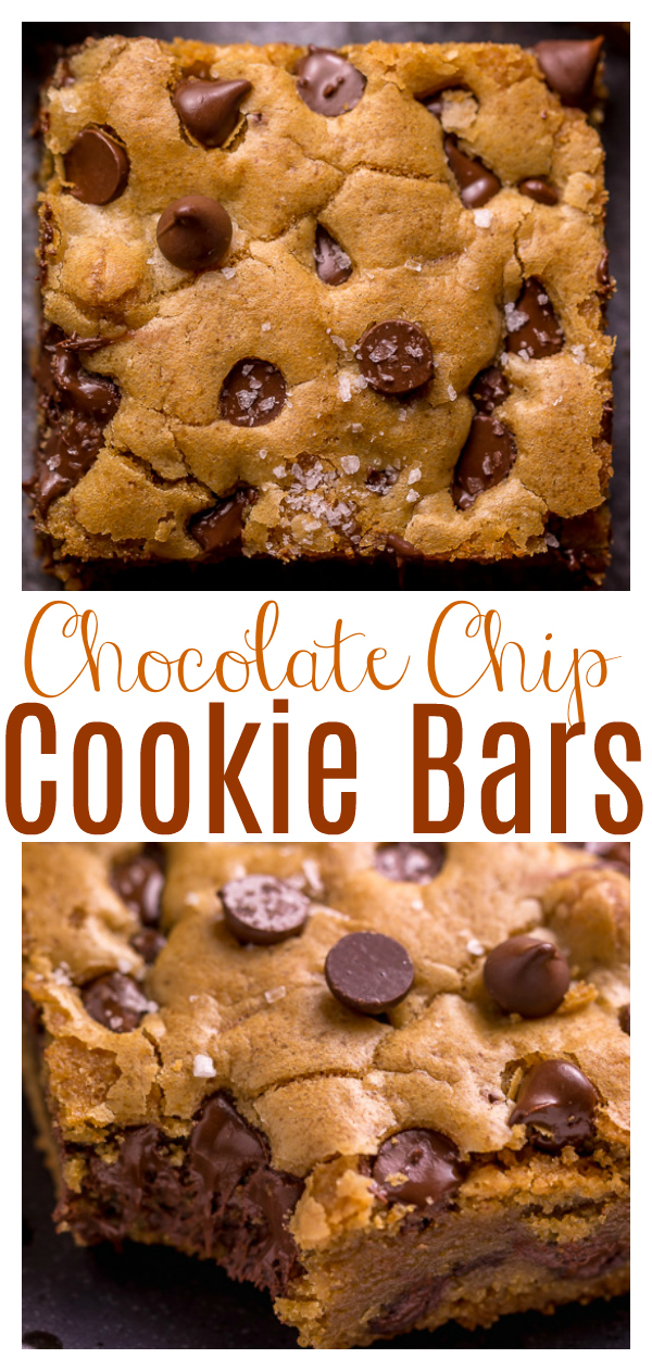 Easy Chocolate Chip Cookie Bars are thick, chewy, and basically foolproof! A great bar recipe that bakes up in less than 30 minutes! If you're serving a crowd, simply double the recipe and bake it in a 9 x 13 pan!