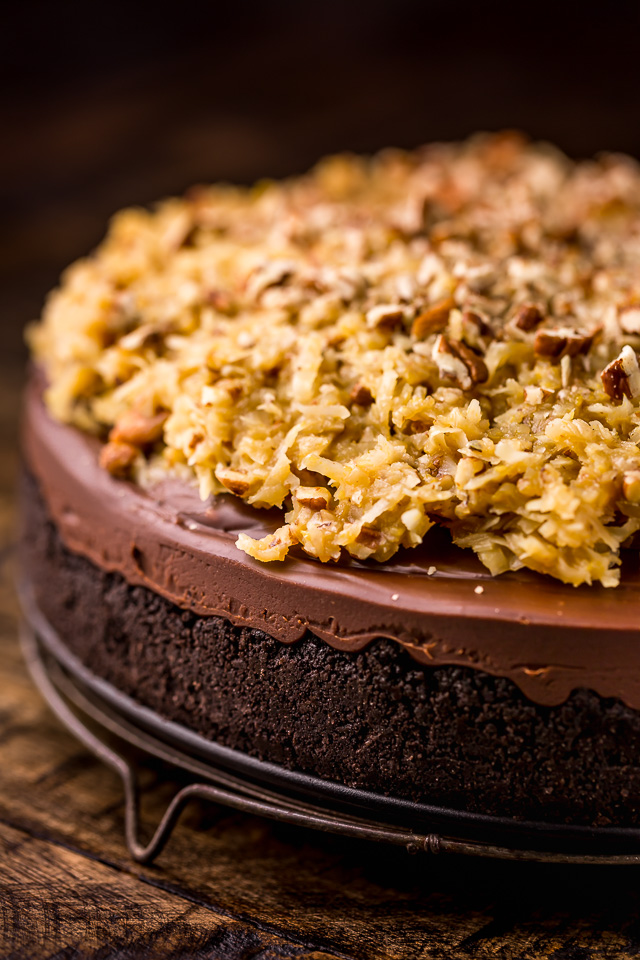 This No-Bake German Chocolate Cheesecake is insanely decadent and such a treat! Featuring a crunchy Oreo cookie crust, creamy chocolate cheesecake filling, and coconut and pecan topping... it's a total showstopper! Bonus: You can make this up to 4 days in advance!